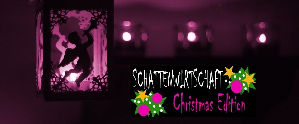 Weihnachtsengel, Laterne; Kerzen und Logo Schattenwirtschaft